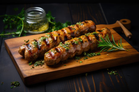 Grilled pork sausages with mustard herbs on wooden board space for textの素材