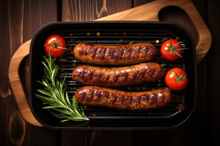 Grilled sausages on wooden background from aboveの素材