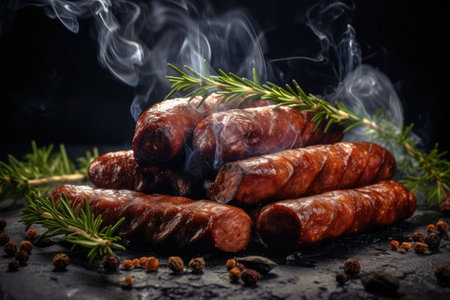 Sausages on stone backdropの素材