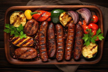 Grilled sausages and vegetables on rustic wooden background Overhead viewの素材