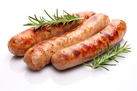 Rosemary infused pork sausages on white backdropの素材