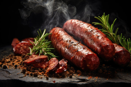 Sausages on stone backdropの素材