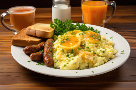 Scrambled eggs with sausage coffee and orange juiceの素材