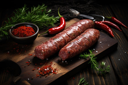 Spiced raw sausage on dark woodの素材