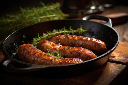 Thyme seasoned homemade pork sausages in rustic panの素材