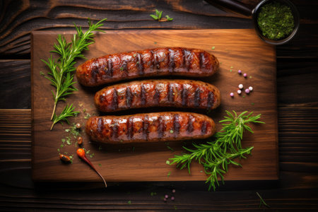 Top view of grilled Bavarian sausages on a dark wooden cutting boardの素材