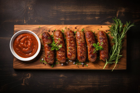 Top view of sausages with sauces and herbs on a wooden board perfect with beer on a dark backgroundの素材