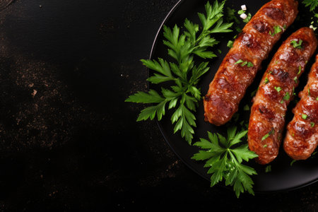Top down view of fried sausages with basil onion garlic on dark background ideal for replicating Fasの素材