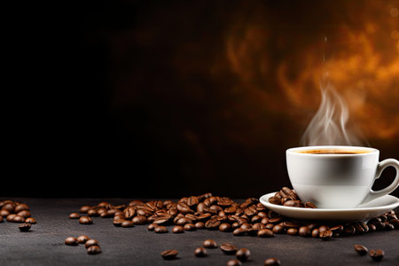 Coffee bean background with cup of espresso on right side in wide banner with spaceの素材