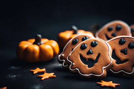 Creative Halloween background with selective focus and blank space featuring gingerbread cookies onの素材