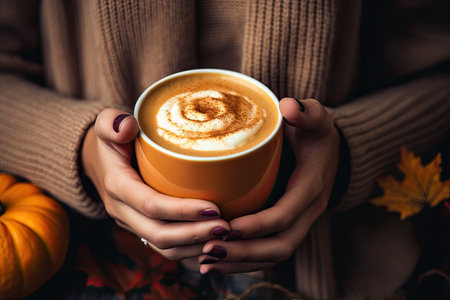 Girl holding a traditional latte cup against a cozy autumn backdrop with options of Chai Buttered Ruの素材