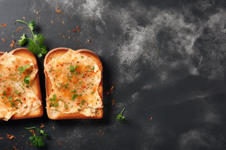 Cheesy toast sandwiches on table top view Text space availableの素材