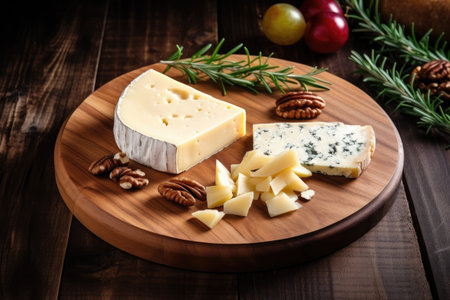 Cheese dish on wooden plate perfect with wine on rustic table top viewの素材