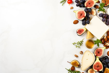 Cheeses figs nuts and honey arrangement at the corner on a white marble backdrop with space for textの素材