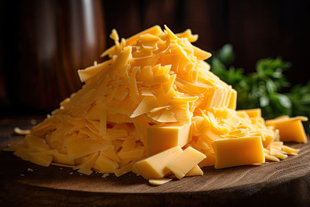 Close up shot of grated Cheddar Cheese on vintage wooden tableの素材