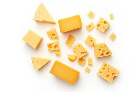 Cheese pieces and slices on white background from aboveの素材
