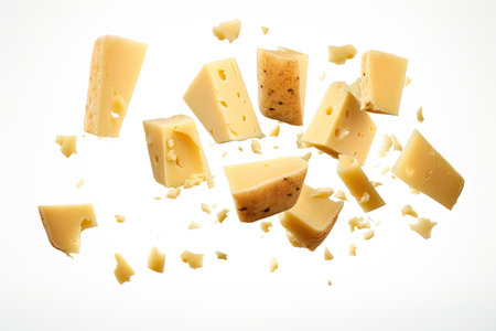 Delicious parmesan cheese flying on a white surfaceの素材