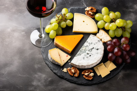 Cheese and wine on a slate board Grey background Top view Copy space availableの素材