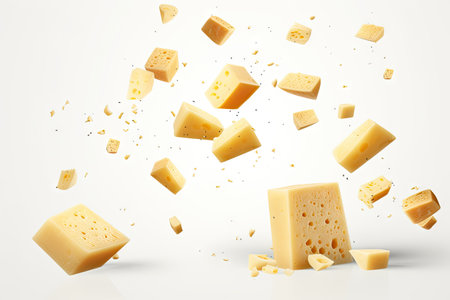 Delicious parmesan cheese pieces soaring over whiteの素材