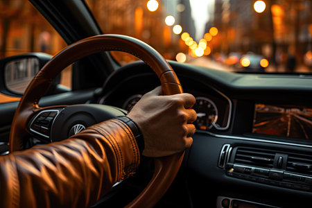 Driver holding steering wheel inside carの素材