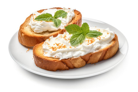 Cream cheese on toasted bread white background selective focusの素材