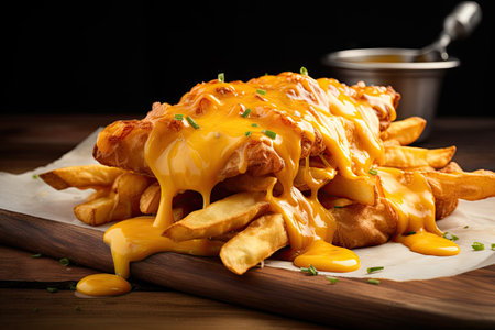 Deep fried fries topped with cheddar cheese poured or pulledの素材
