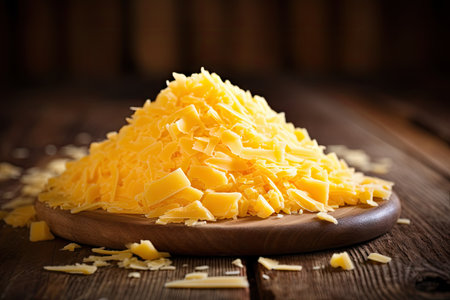 Close up shot of grated Cheddar Cheese on vintage wooden tableの素材