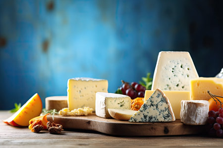 Assorted cheese varieties on wooden table handmade French and Italian Space for textの素材
