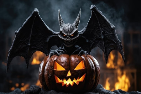 High quality photo of a burning pumpkin with a bat on Halloweenの素材