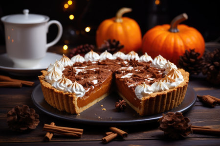 Homemade pumpkin pie accompanied by whipped cream perfect for festivitiesの素材