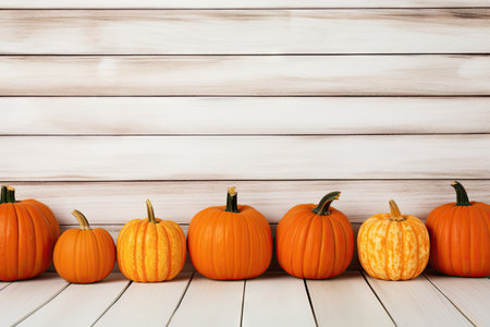 Halloween themed pumpkins decorating white planksの素材