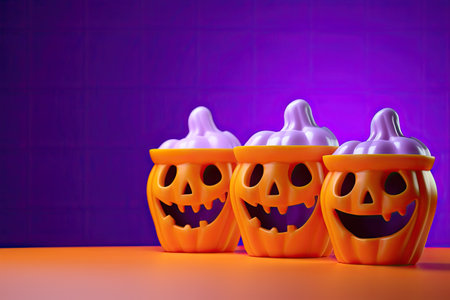 Halloween theme with ghosts pumpkin buckets and neon purple backgroundの素材
