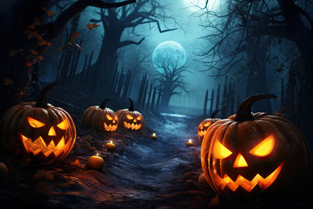 Halloween scene with glowing Jack O Lanterns at nightの素材