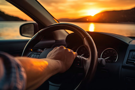 Man driving car at sunset with selective focusの素材