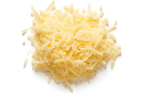 Top view of grated cheese on white backgroundの素材