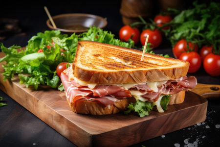 Smoked ham cheese tomato and lettuce on wooden cutting boardの素材