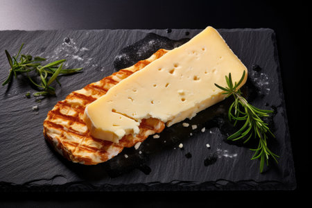 Radamer cheese from above on black concreteの素材