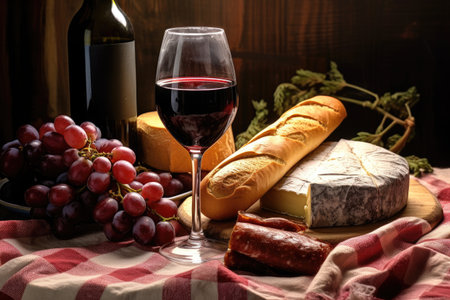 Table with red wine cheese sausage grapes and bread sticks adorned in traditional manner set againstの素材