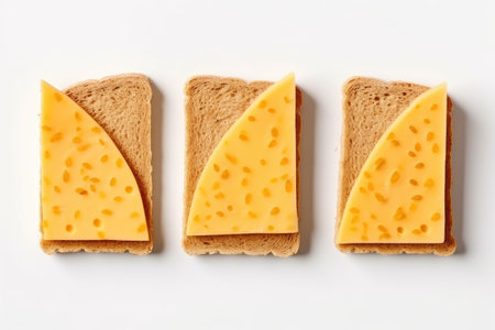Top down view of Gouda cheese on isolated rye bread slicesの素材