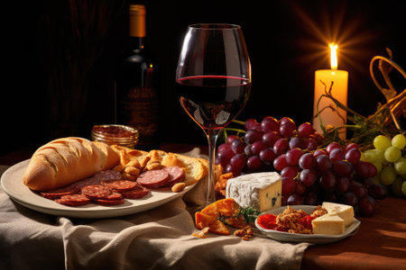 Table with red wine cheese sausage grapes and bread sticks adorned in traditional manner set againstの素材