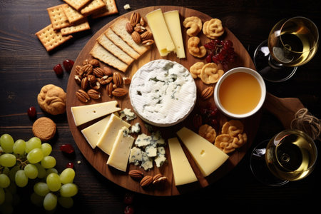 Various cheeses such as Camembert Brie Parmesan blue cheese and goat served on a top view platter wiの素材