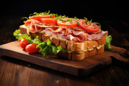 Smoked ham cheese tomato and lettuce on wooden cutting boardの素材