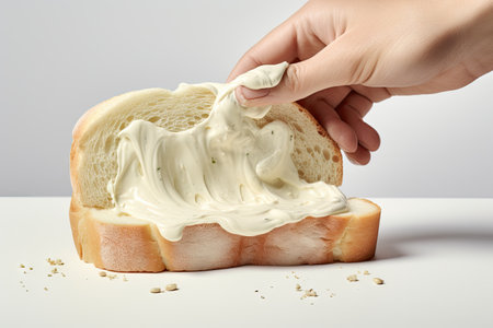 Woman making a cream cheese sandwich on a white backgroundの素材