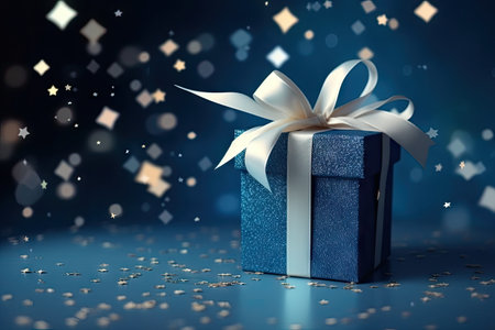 Blue theme gift box with classic blue ribbon and star shape confetti holiday shopping conceptの素材