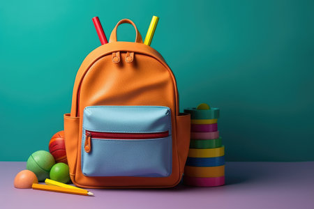 Colorful stationery displayed on a table alongside a backpackの素材