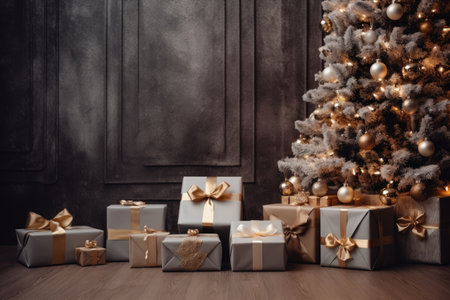 Festive gift boxes by Christmas treeの素材