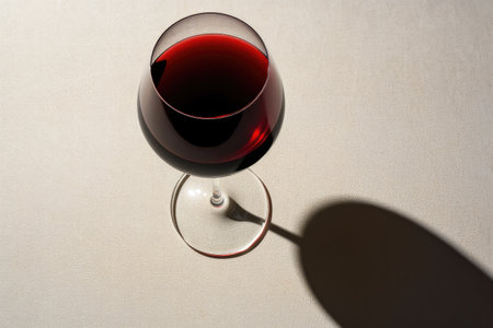 Red wine glass seen from above with shadowの素材