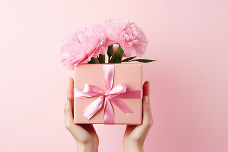 Pink carnation in a gift box symbolizing appreciationの素材