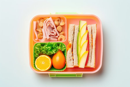 Top view of a kid s bento pack with a lunch box containing a ham cheese sandwich carrot mixed nuts aの素材