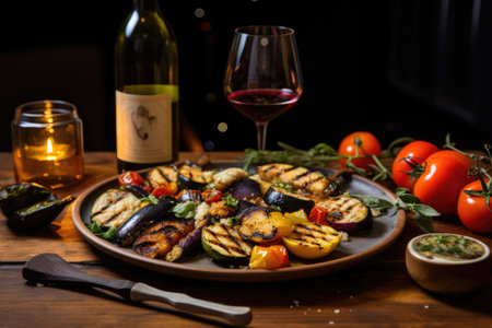 Tasty meal featuring grilled veggies and wineの素材